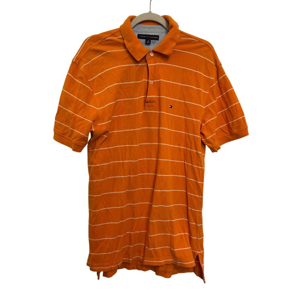 Tommy Hilfiger Mens Large Orange Striped Polo Shirt Cotton Casual Wear L